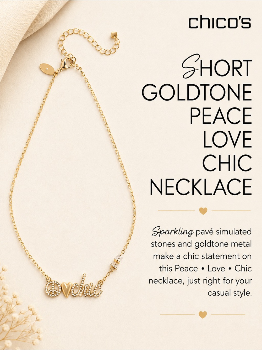 Chico's SHORT GOLDTONE PEACE LOVE CHIC NECKLACE